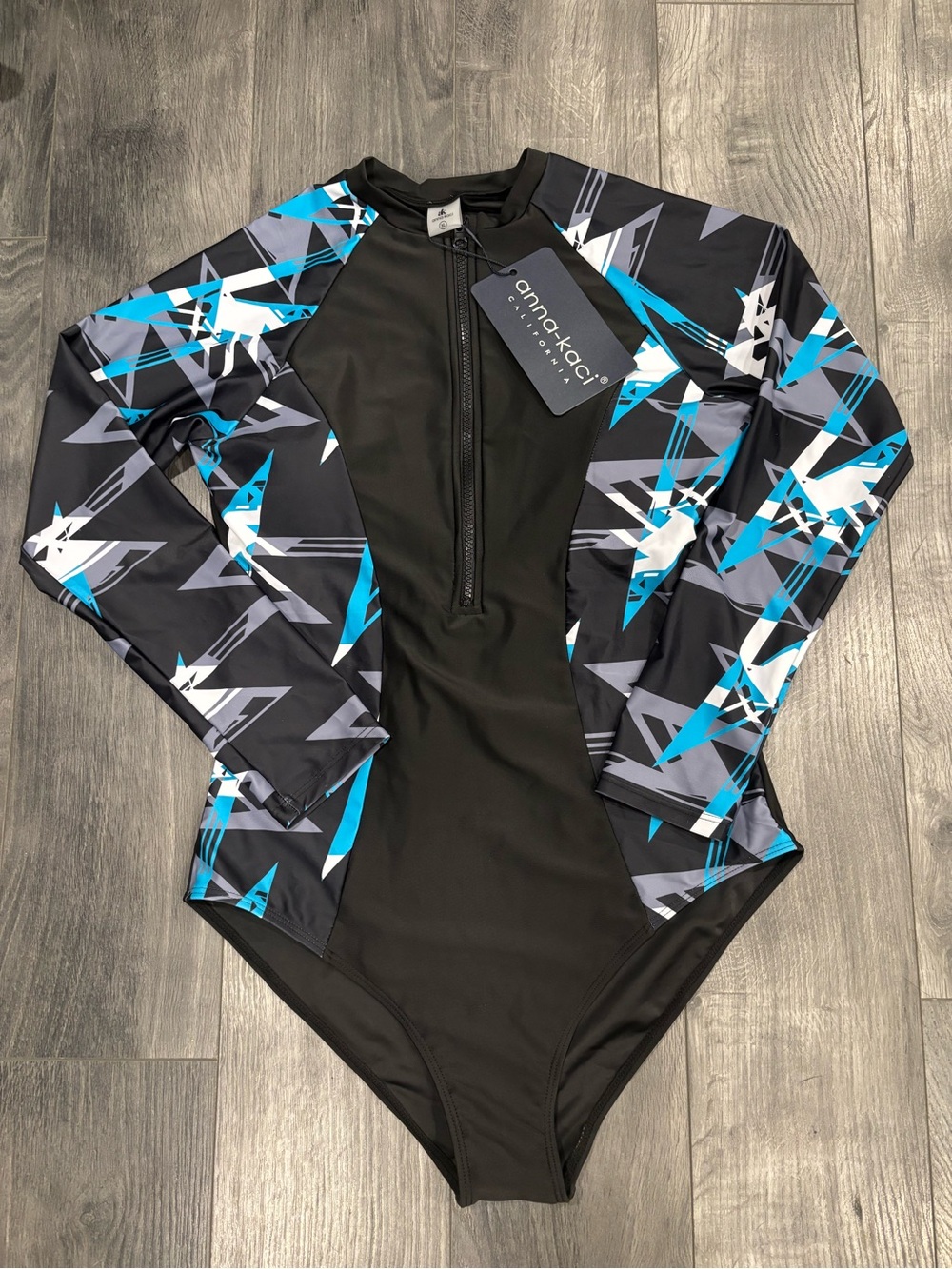 Womens Black & Blue Long-Sleeve Swim Suit